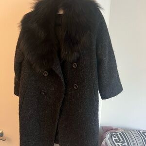 Chic Wool Black Faux Fur Collar Women's 3/4 Coat